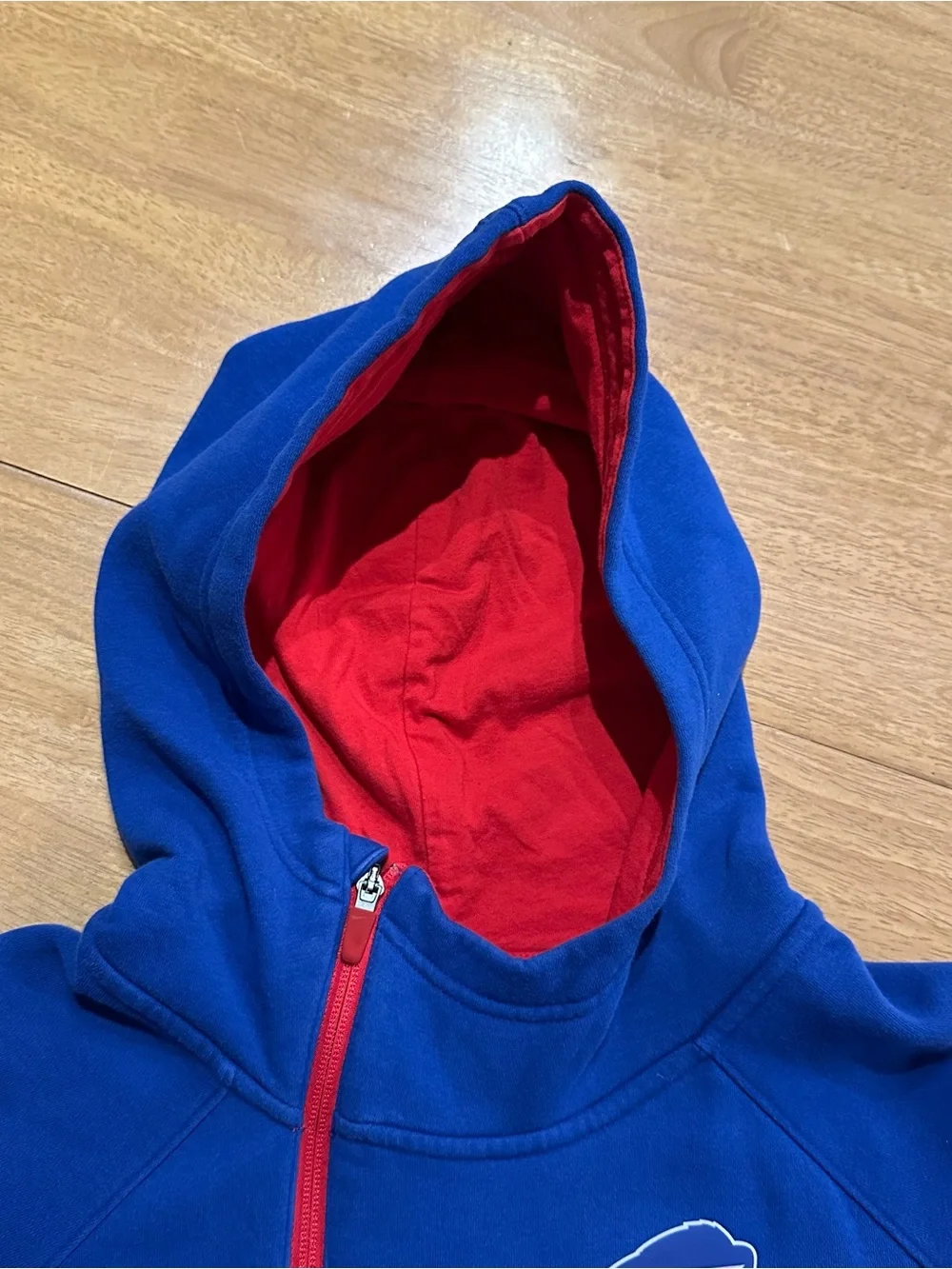 Nike Blue Buffalo Bills Assymetrical Zipper Hoodie with Red Trim Women’s Large